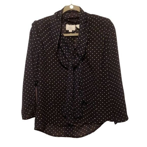 Petites by Demaro Womens Sz 8 Black White Polka Dot Long Sleeve Tie Blouse - Picture 8 of 9